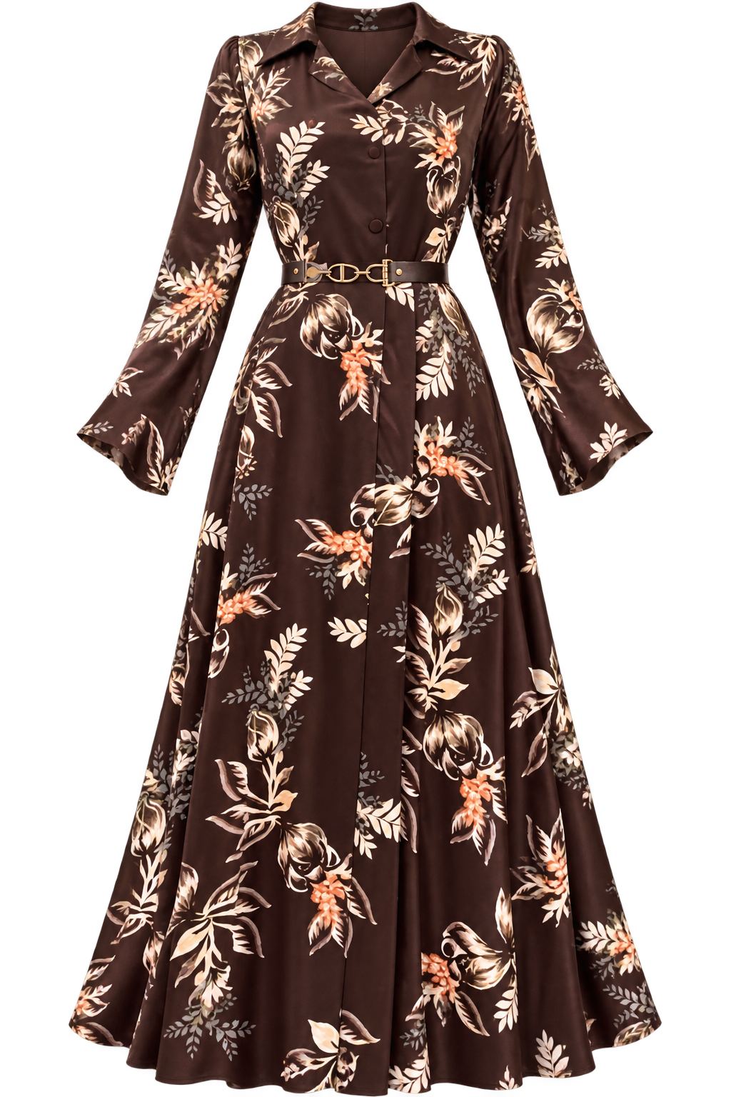 Brown Botanical Floral Satin Silk Maxi Dress