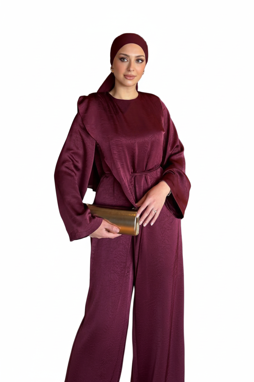 Burgundy Satin Cape Jumpsuit Set