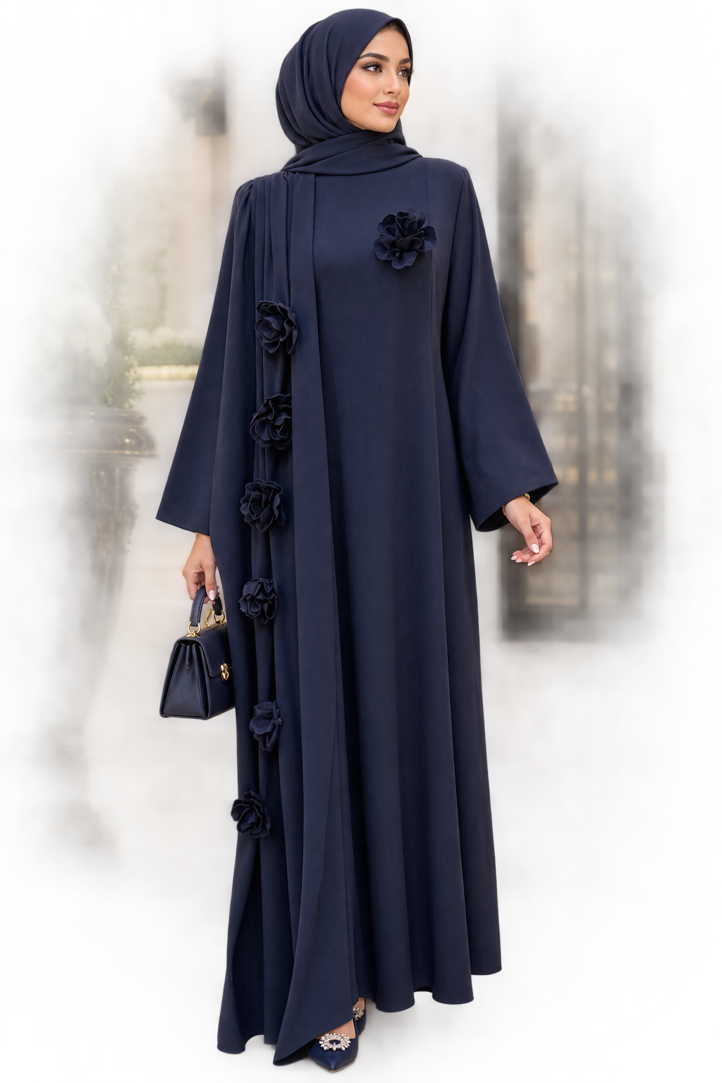 Navy Blue 3D Floral Rose Abaya Maxi Dress