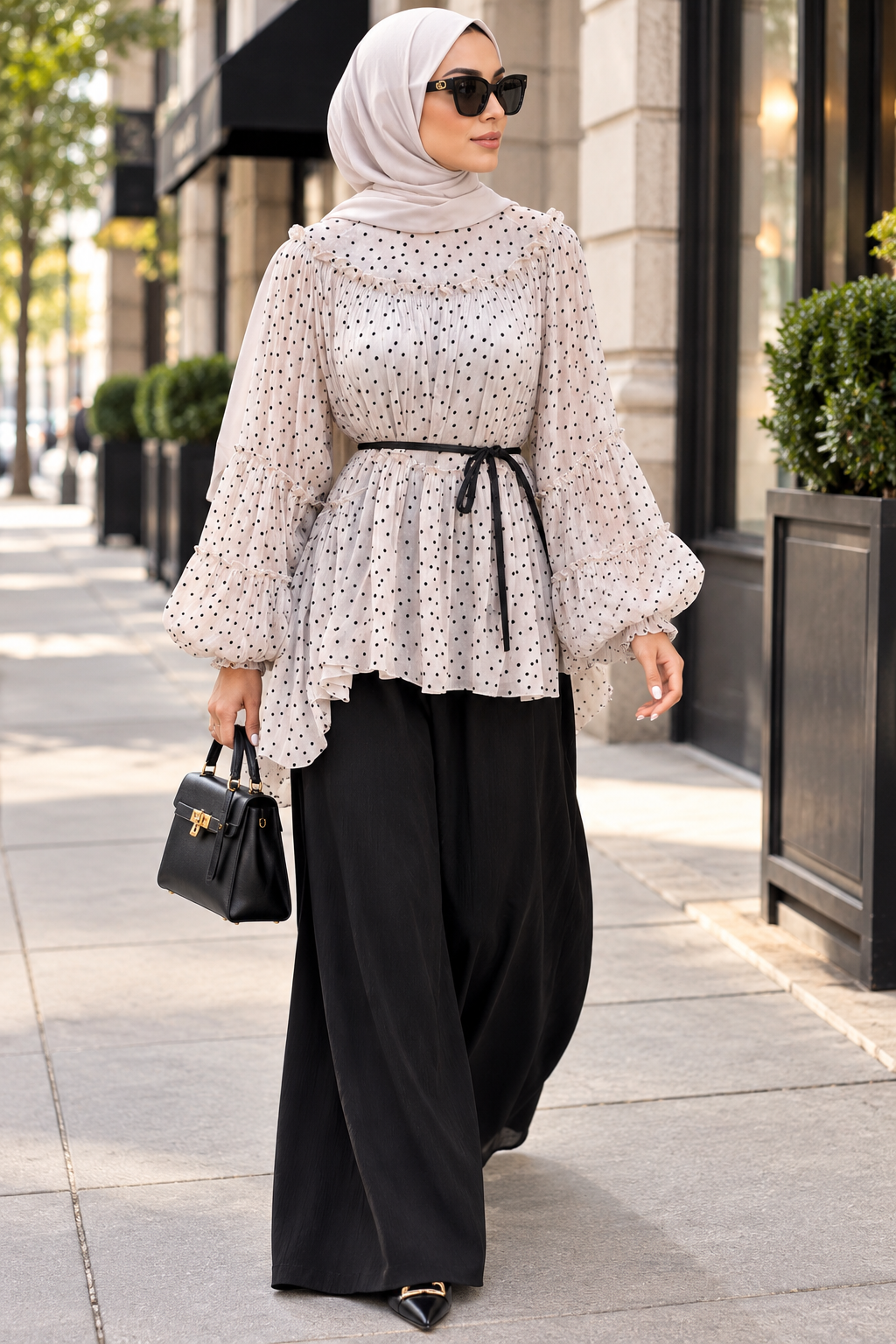 Polka Dot Chiffon Peplum Tunic and Black Wide-Leg Silky Pants Set