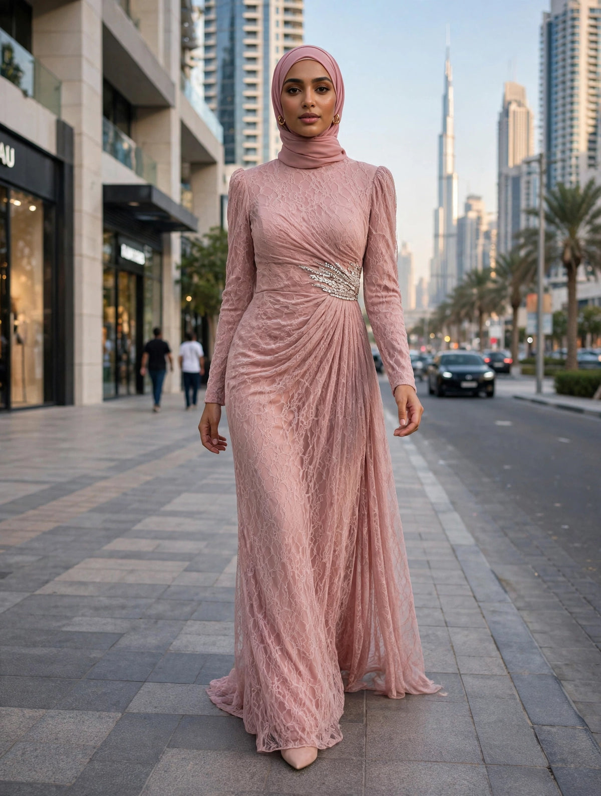 Blush Rose Lace Embellished Evening Gown