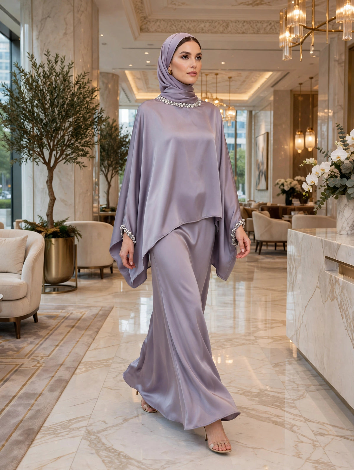 Lavender Satin Silk Cape 2-Piece Set