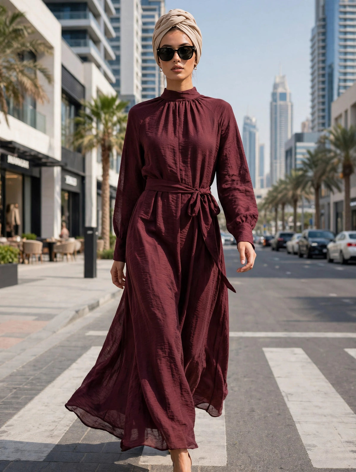 Burgundy Heavy Satin Silk Maxi Dress with Double Belt