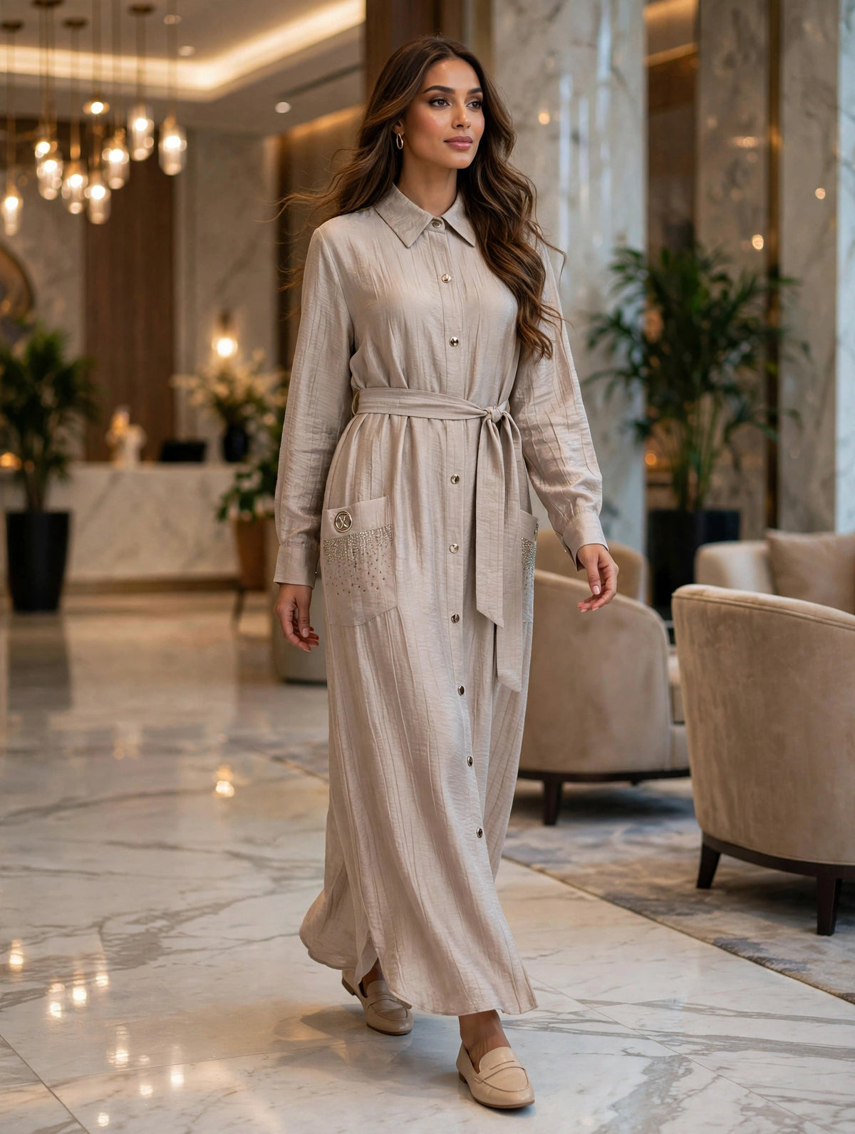 Beige Silk and Viscose Long Shirt Dress with Embellished Pockets and Belt