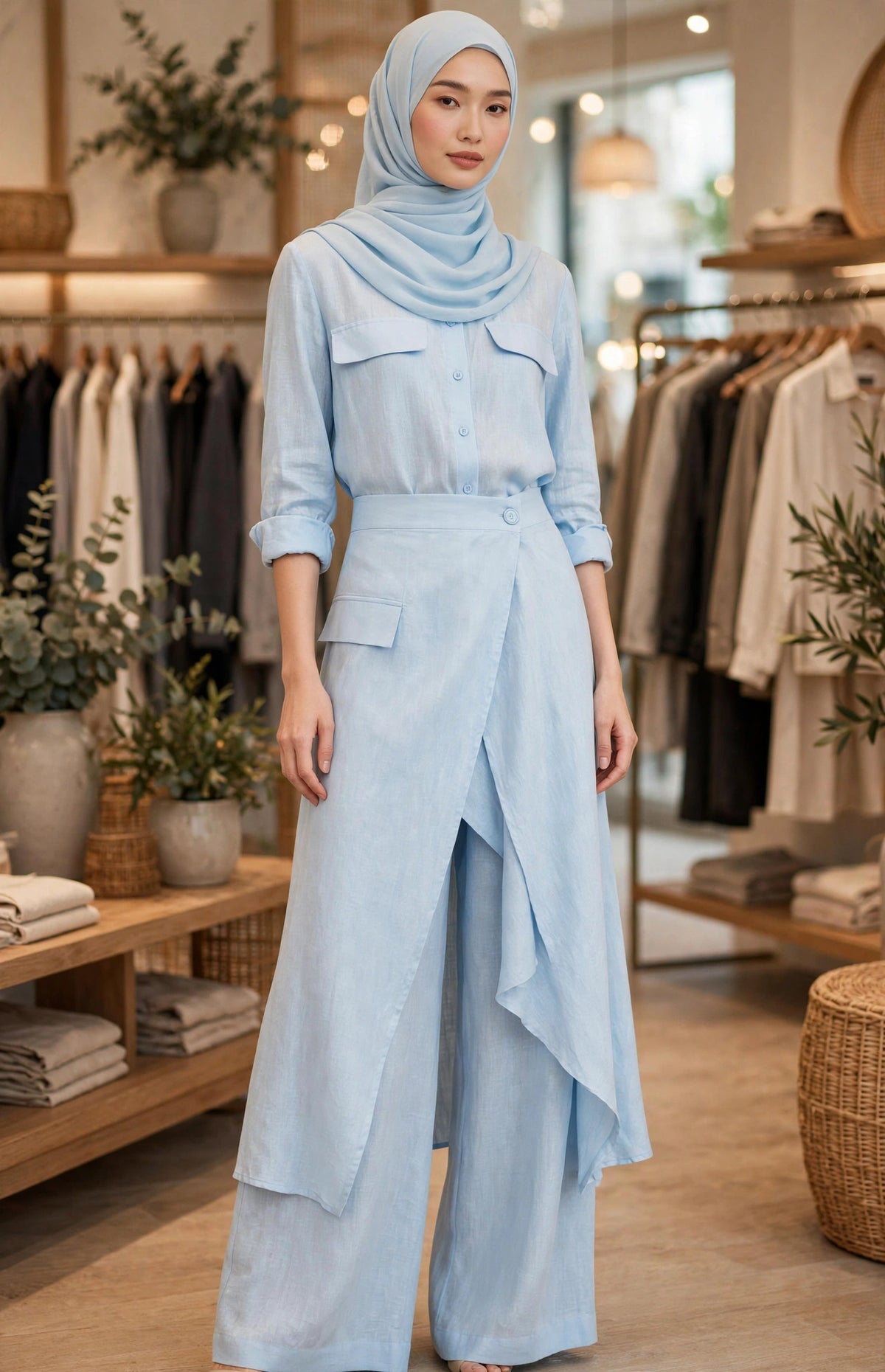Light blue cotton 3-piece set with wide-leg pants, wrap skirt and blouse