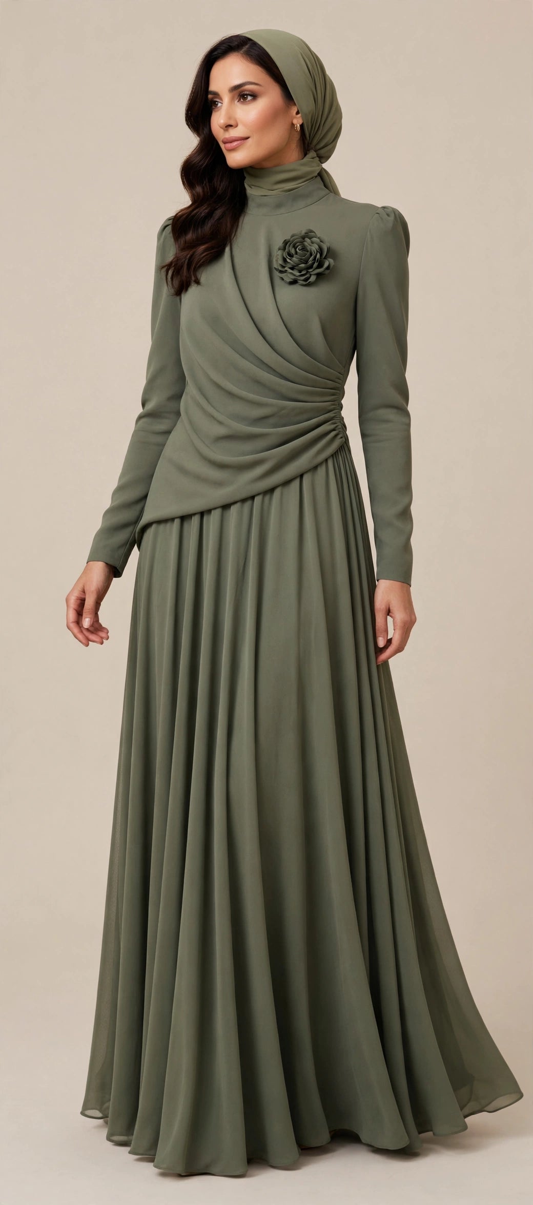 Sage Green Draped Night Gown with Floral Brooch