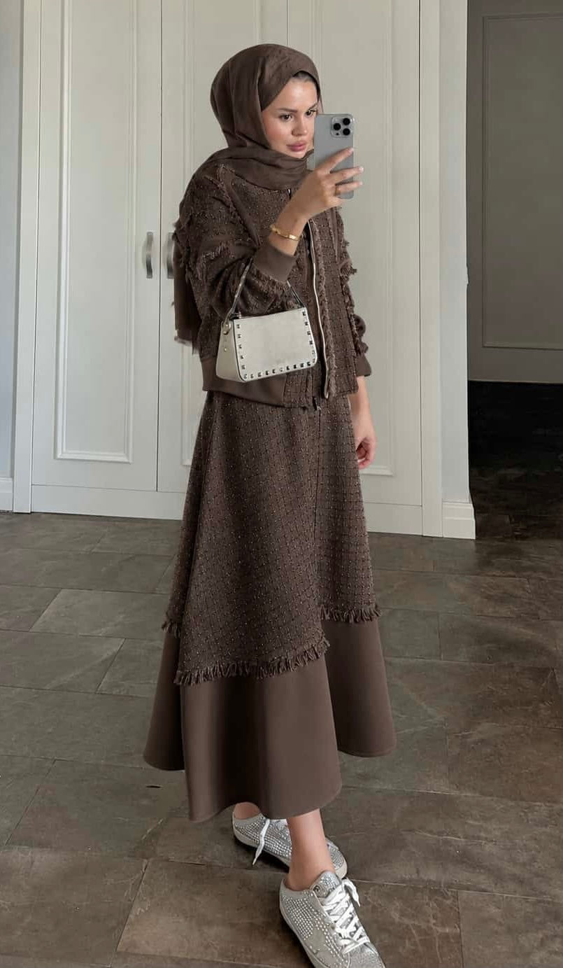 Amara Textured Jacket & Skirt Set – Brown