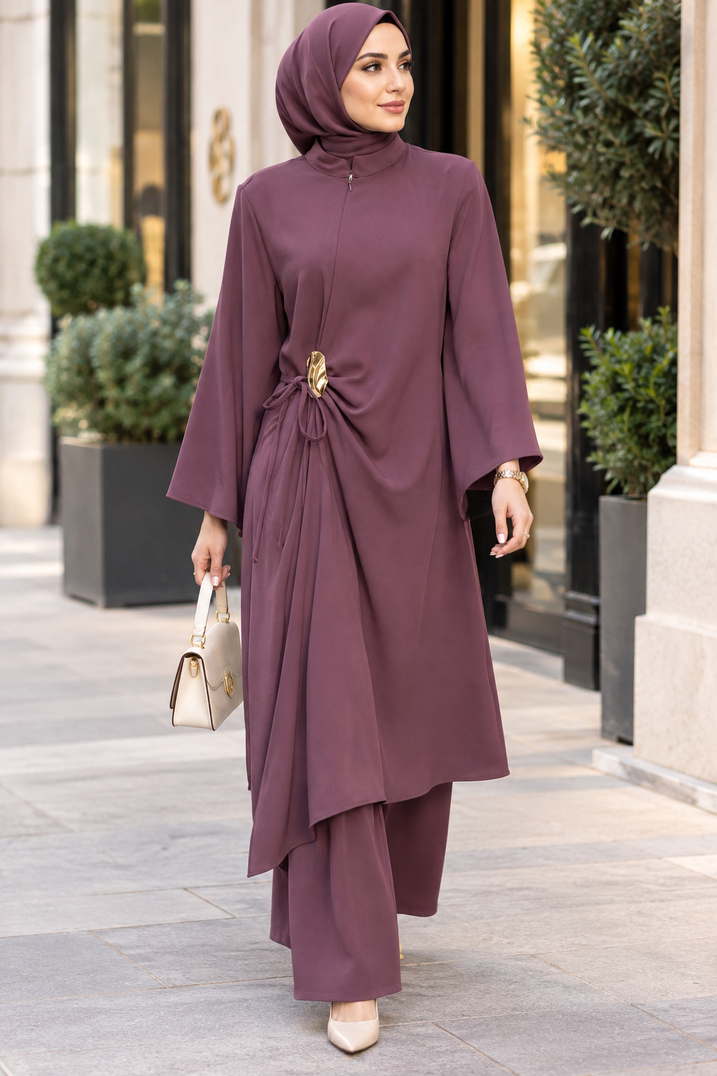 2-piece modest tunic dress and wide leg pants set in mauve