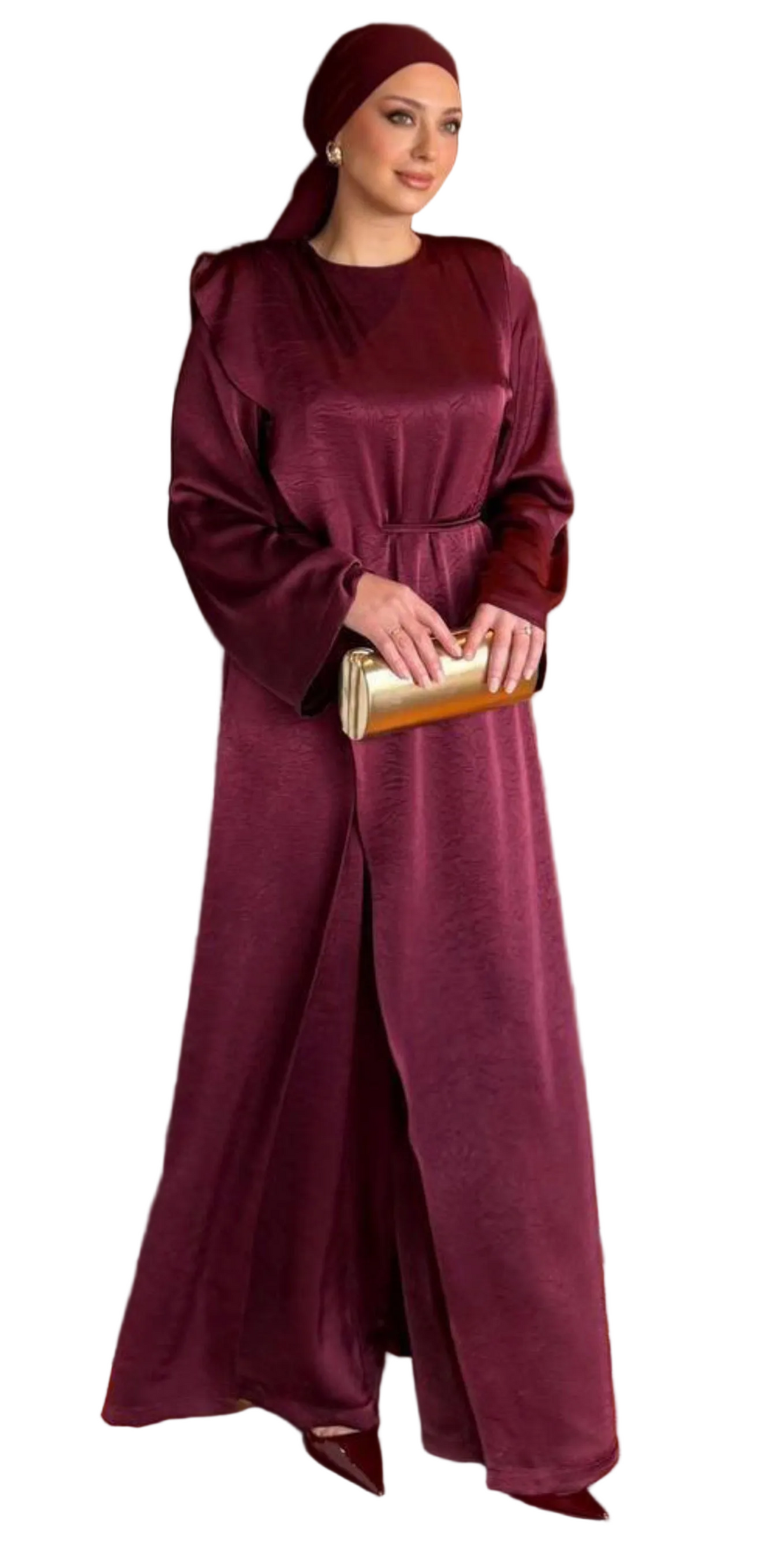 Burgundy Satin Cape Jumpsuit Set