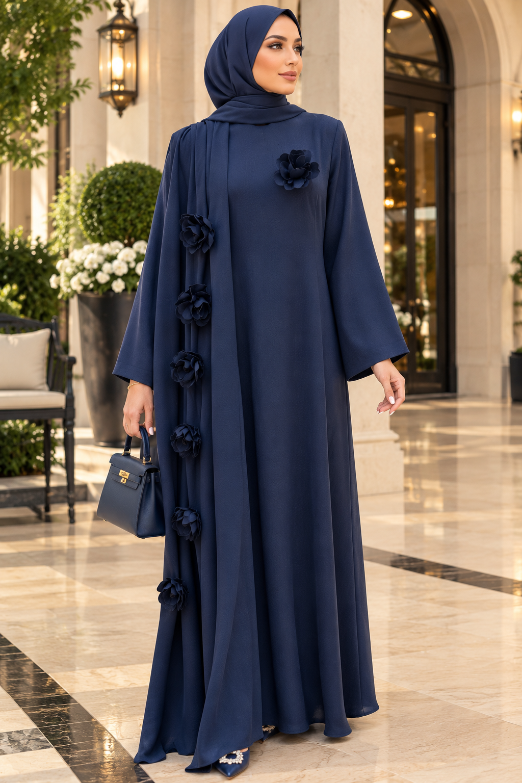 Navy Blue 3D Floral Rose Abaya Maxi Dress