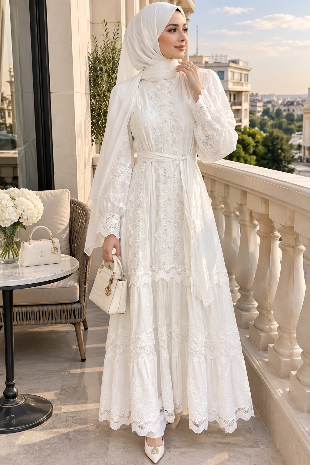 White embroidered modest maxi dress in cotton viscose with long sleeves and lace hem