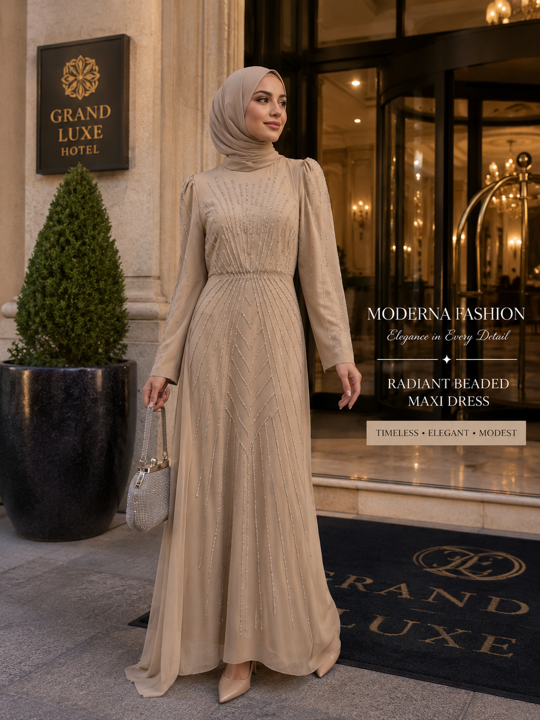 Radiant beaded crystal chiffon maxi night gown in champagne with hijab model