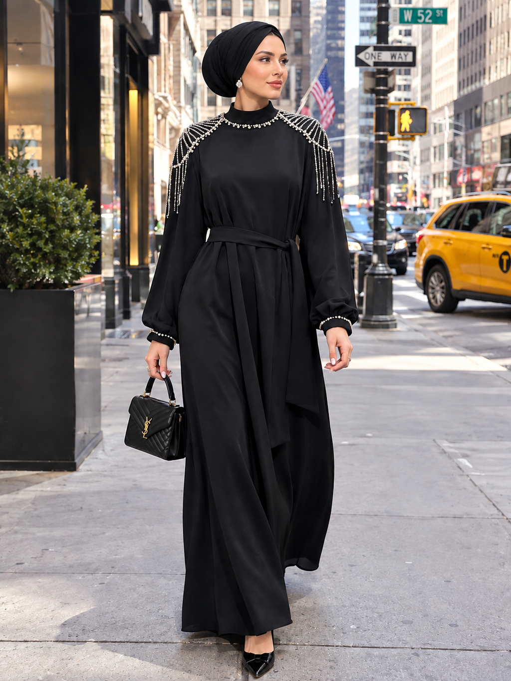 Black modest maxi dress with pearl and crystal shoulder embellishment, long sleeves and self-tie belt