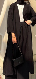 3-piece black cotton set: open abaya blouse, wide-leg pants, and overlay skirt