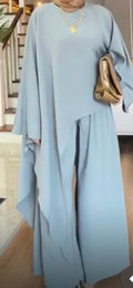2-piece sage green cotton set with oversized batwing top, wide-leg pants and belt