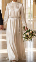 Beige silk night gown with pearl belt