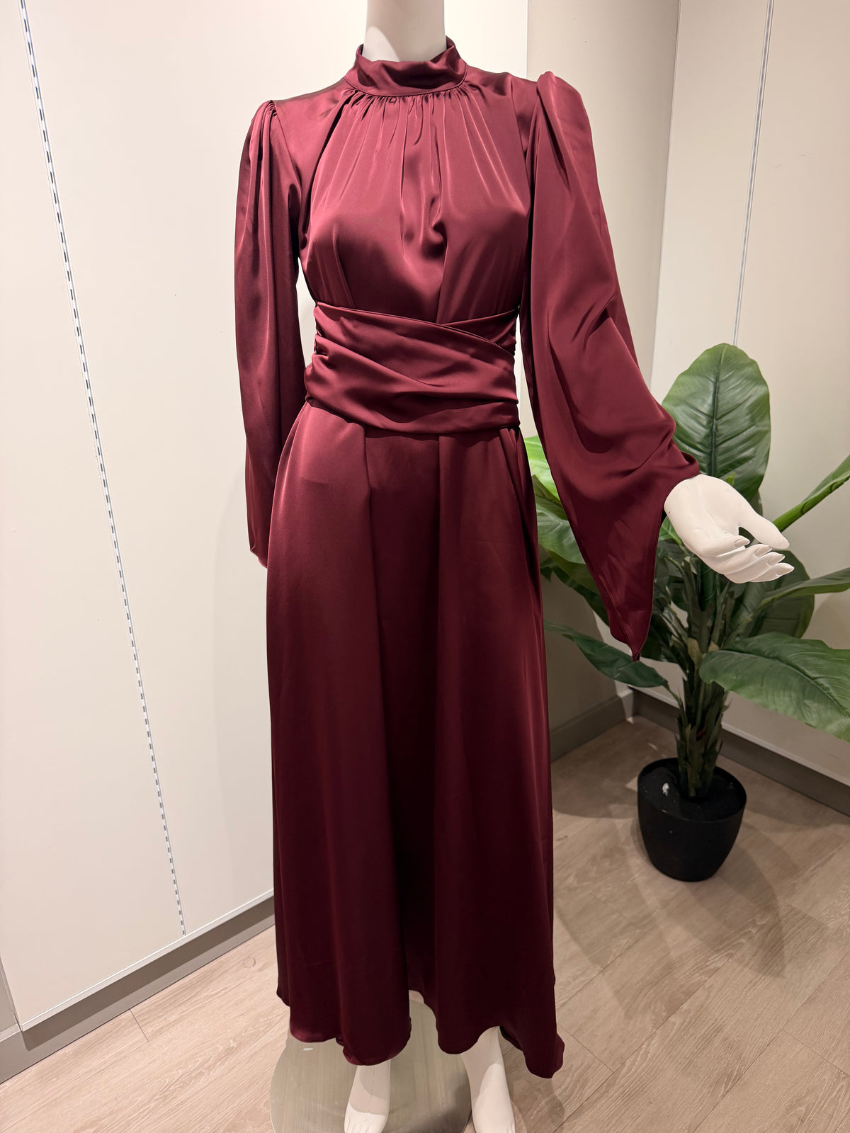 Burgundy satin silk dress with wide wrap belt and bishop sleeves