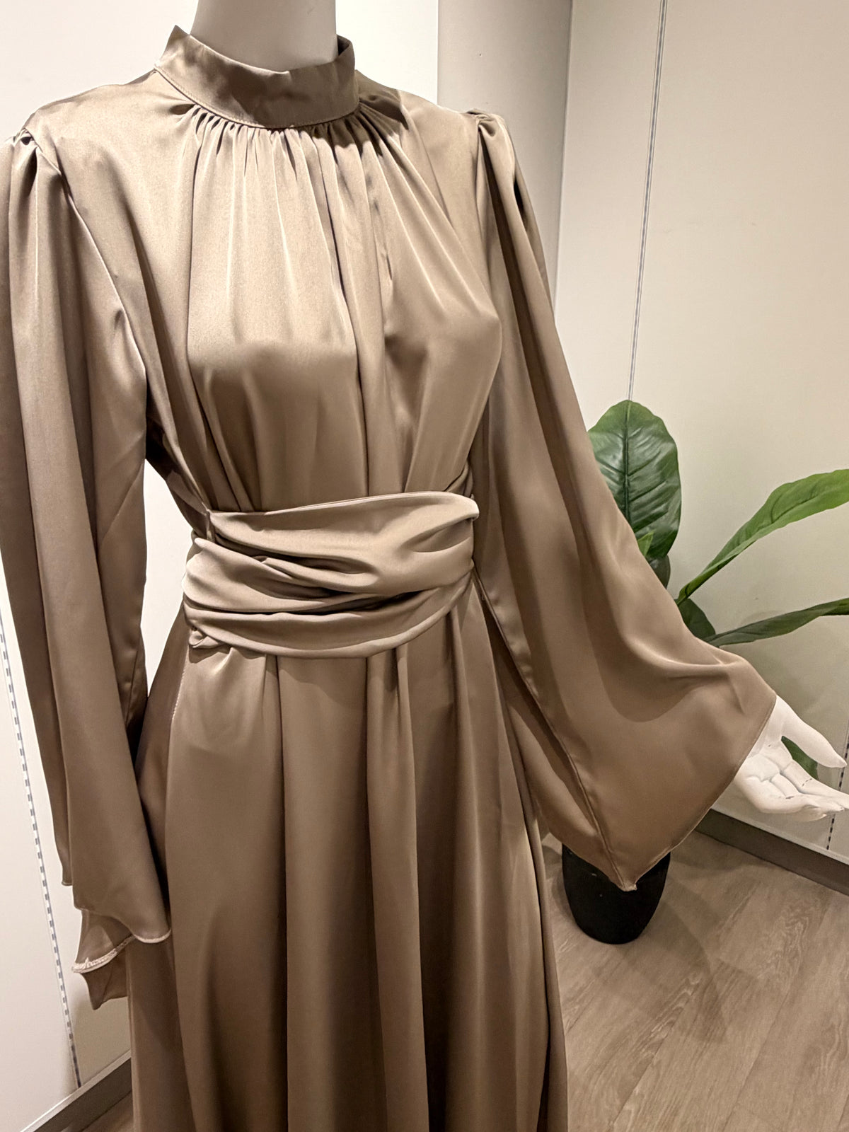 Champagne satin silk dress with wide wrap belt and bishop sleeves