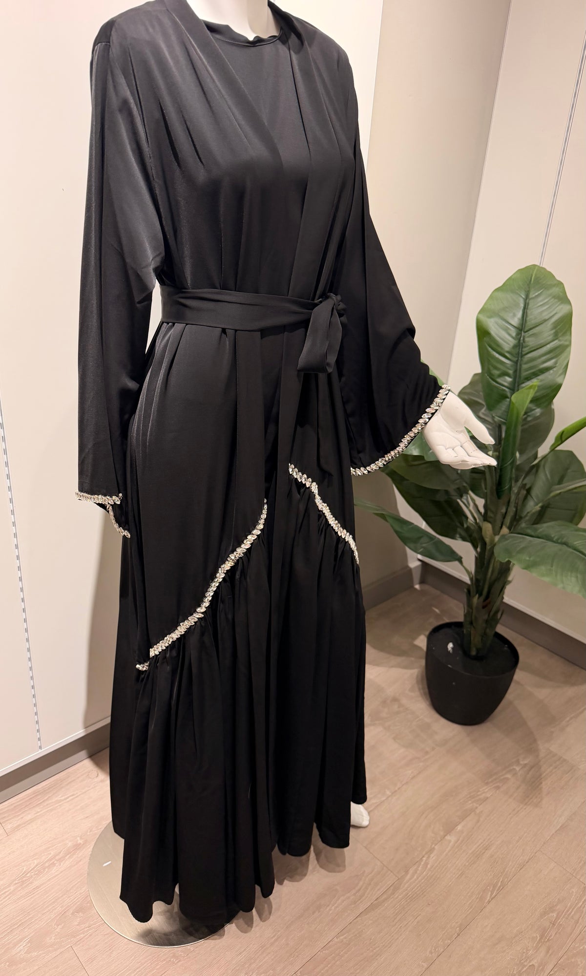 Black satin Medina silk 2-piece abaya set with crystal trim and self-tie belt