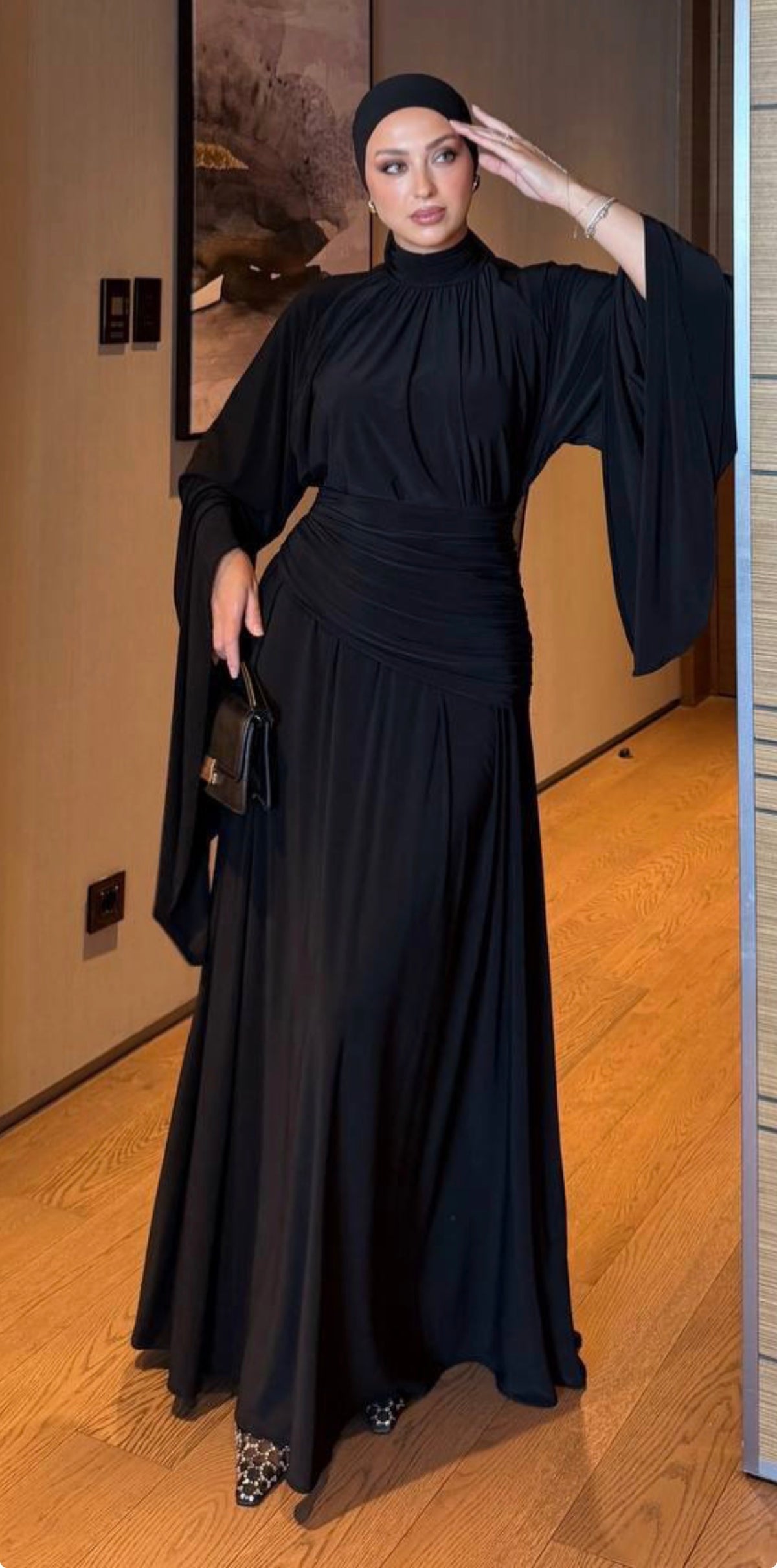 Black Draped Batwing Maxi Dress with Wide Belt