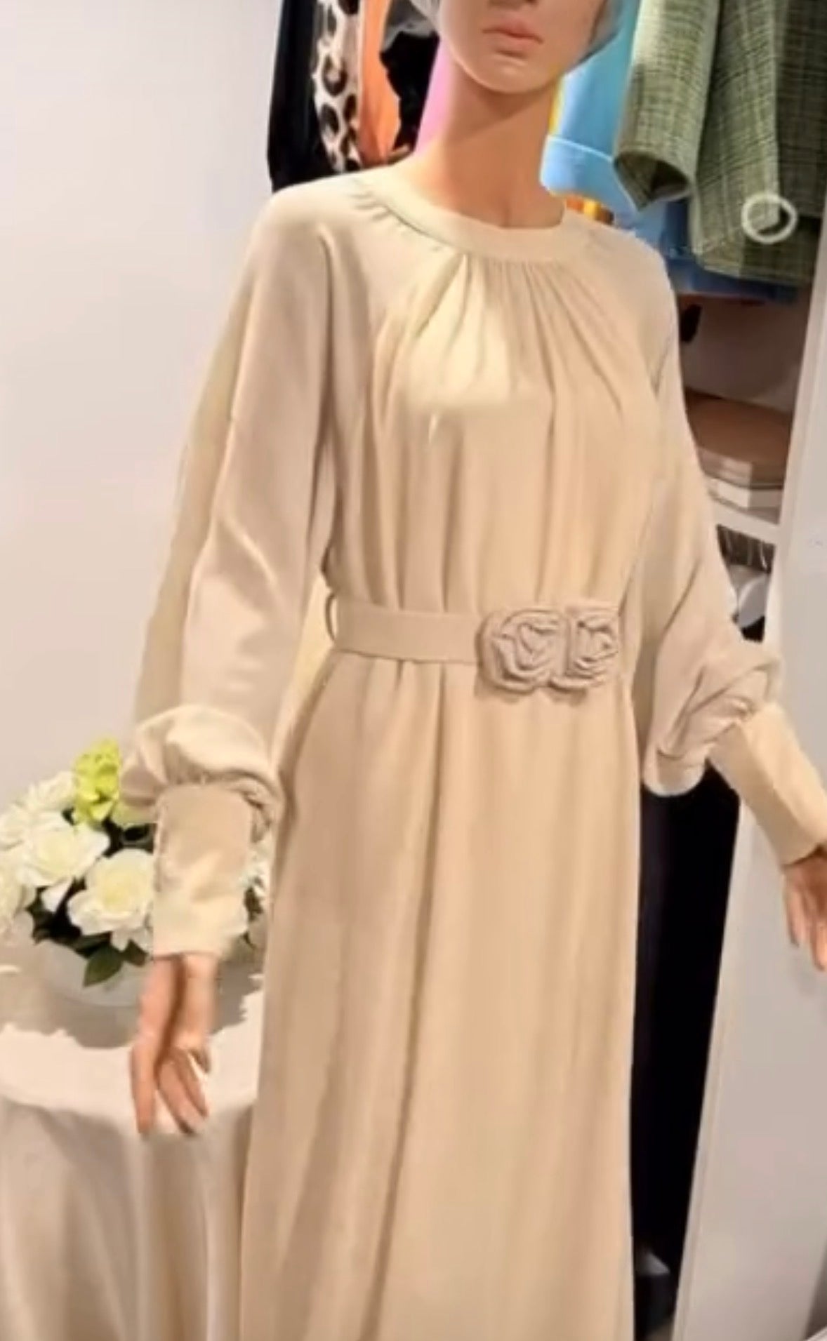 Beige chiffon maxi dress with bishop sleeves and floral buckle belt