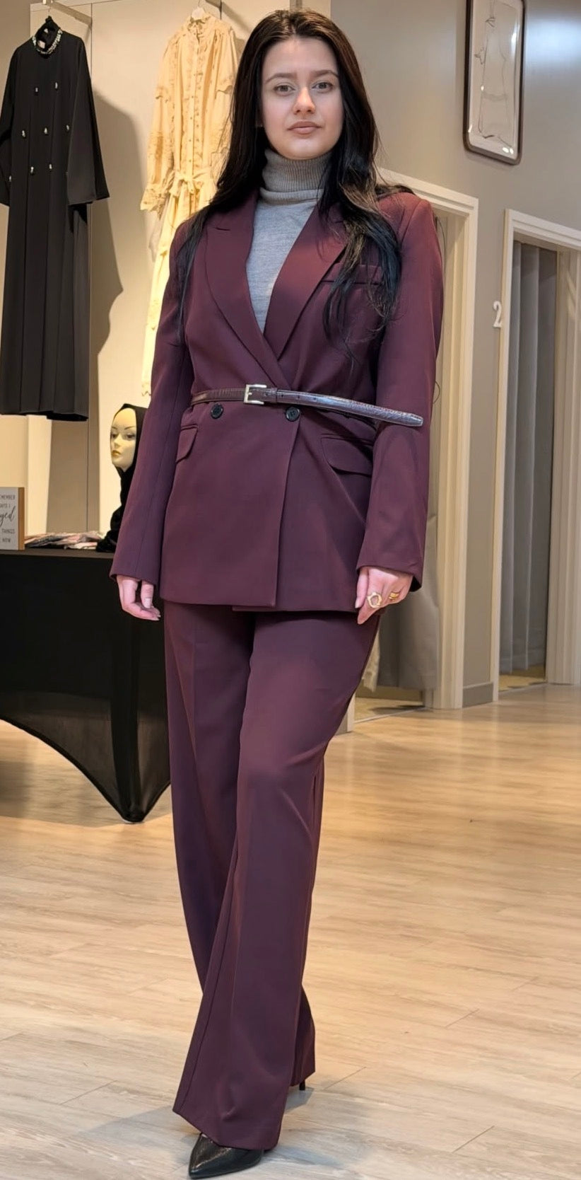 Plum soft fabric double-breasted blazer and wide-leg pants set with belt