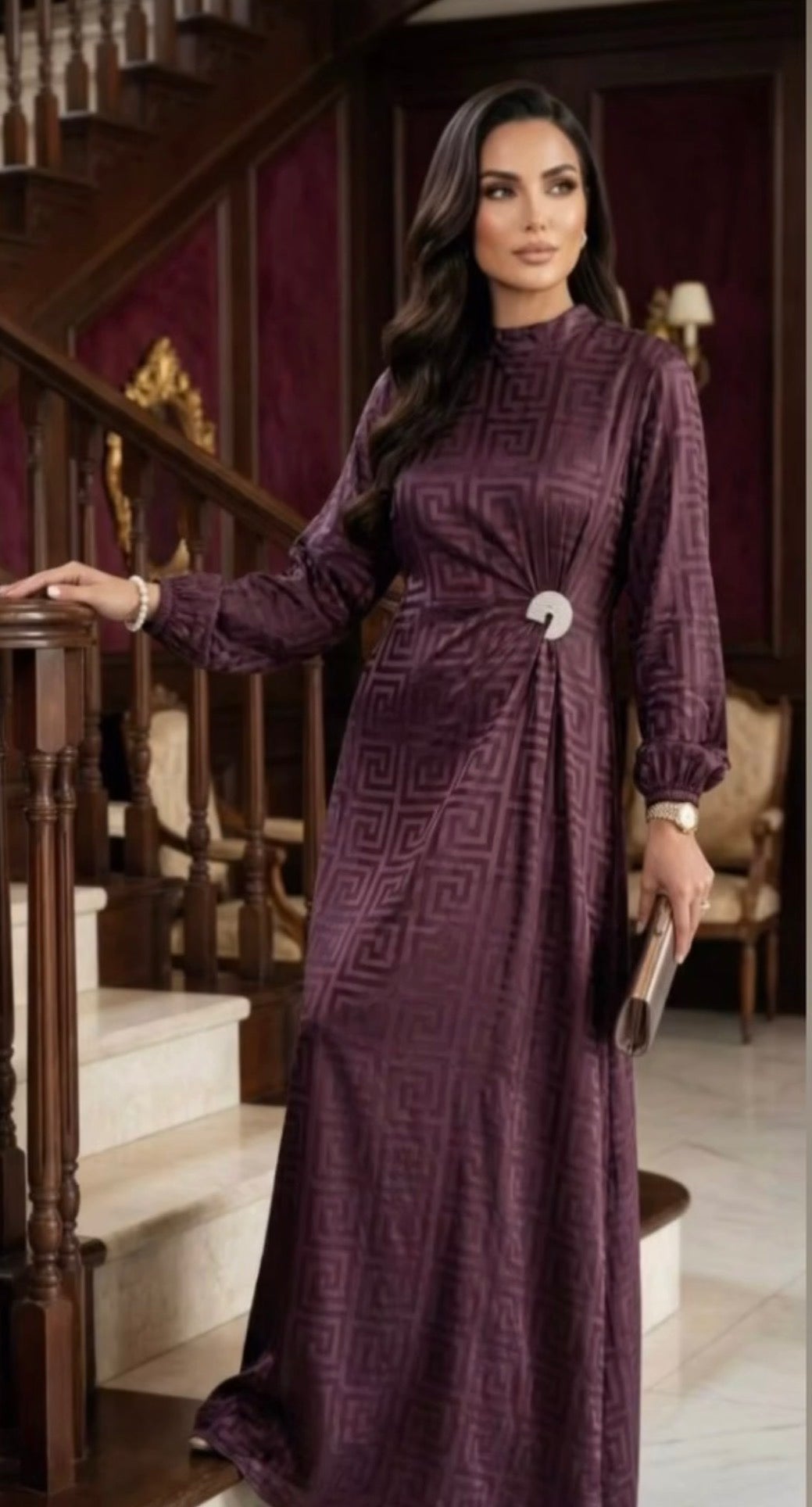 Plum silk jacquard maxi dress with circular brooch and geometric pattern