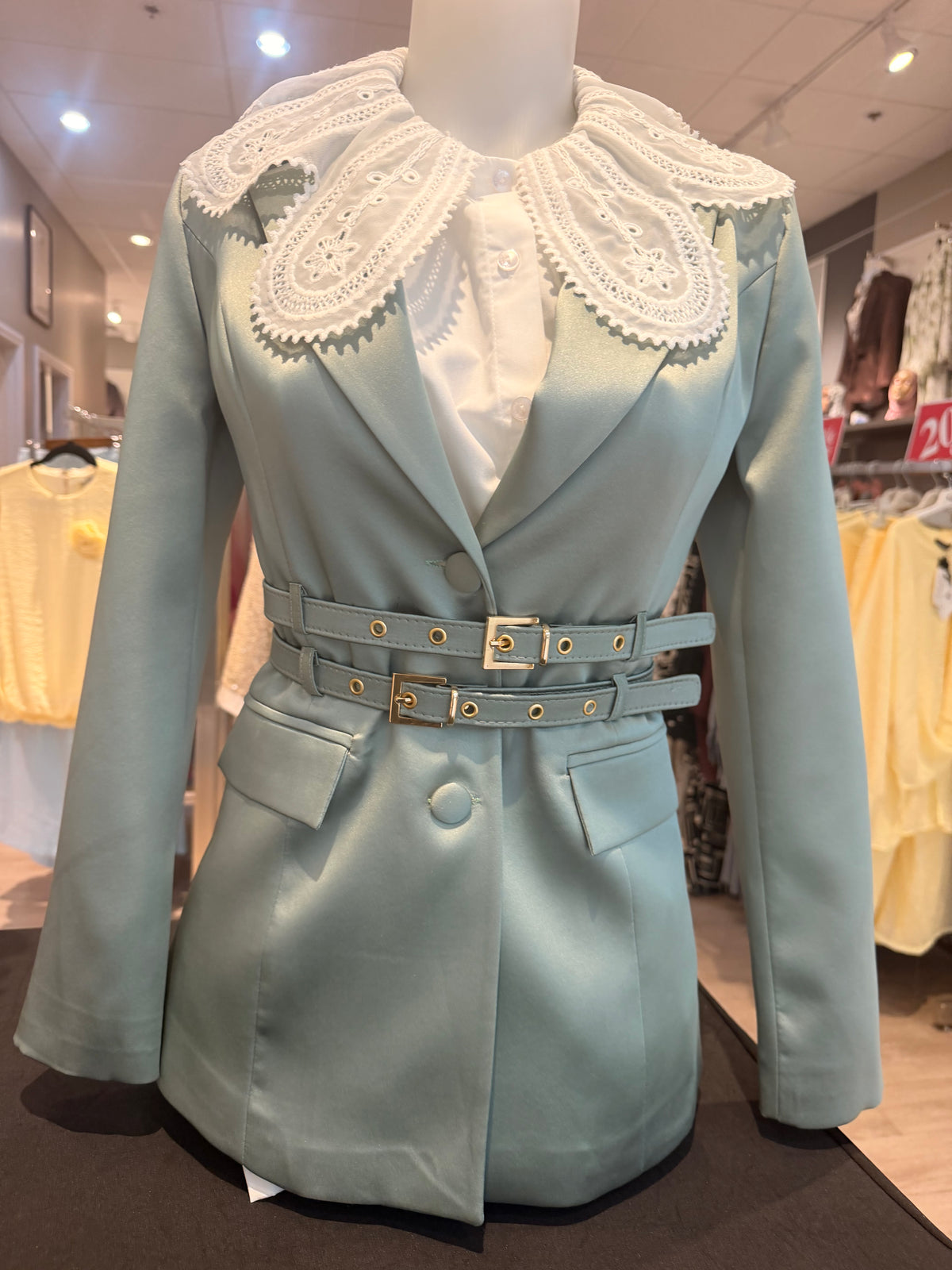 Mint green satin blazer with lace collar blouse and double buckle belt