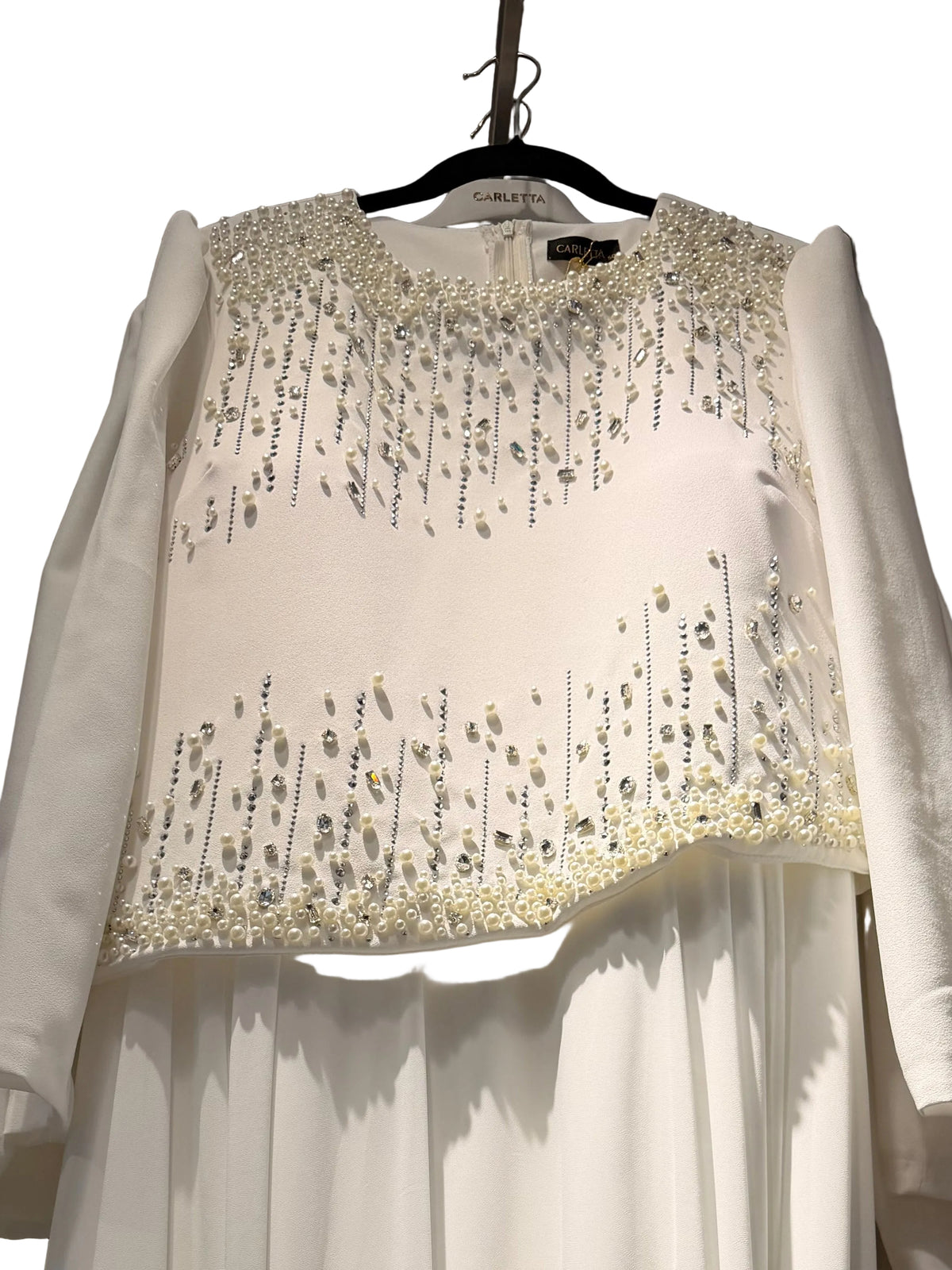 White Pearl & Crystal Embellished Modest Bridal Dress
