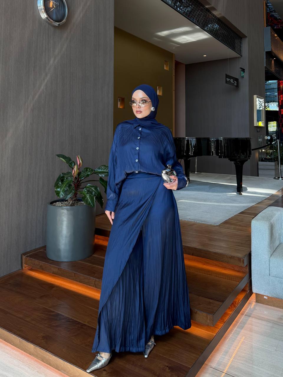Navy Blue Silky 2-Piece Set with Wide Leg Pants and Pleated Skirt Overlay