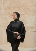 Black Satin Silk Cape Top & Maxi Skirt Set