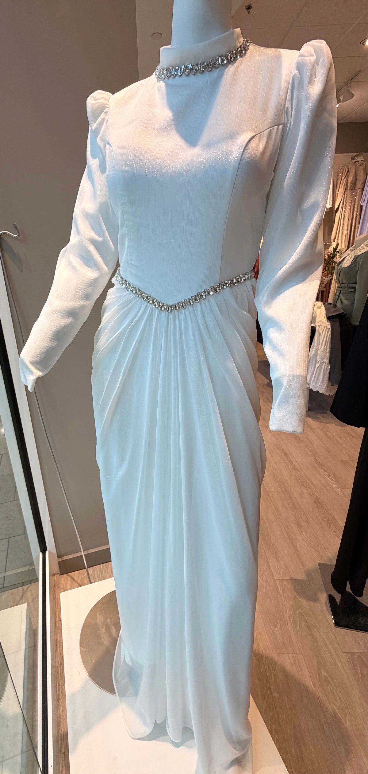 White Crystal Neck Modest Bridal Dress