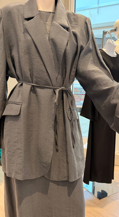 2-piece Tencel modest set – charcoal grey belted blazer and maxi dress