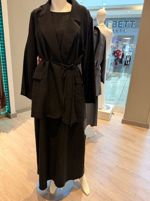 2-piece black modest set – belted blazer and maxi dress on mannequin