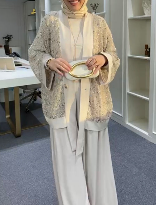 3-Piece Modest Set – Long Sleeve Shirt, Wide Leg Pants & Sequin Jacket