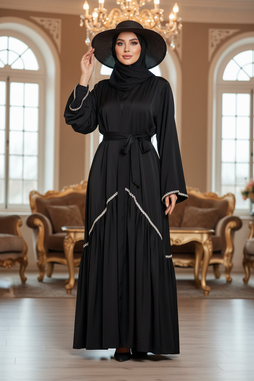Black Abaya Editorial with Hijab and Hat