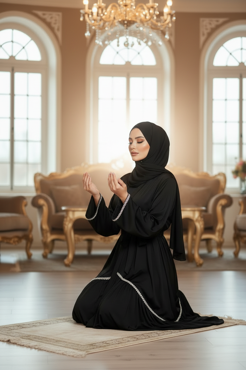 Black Abaya Prayer Pose with Flowy Hijab