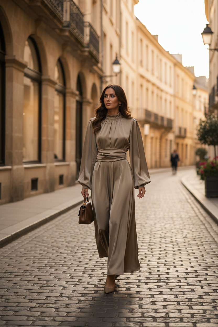 Champagne Satin Dress Street Style