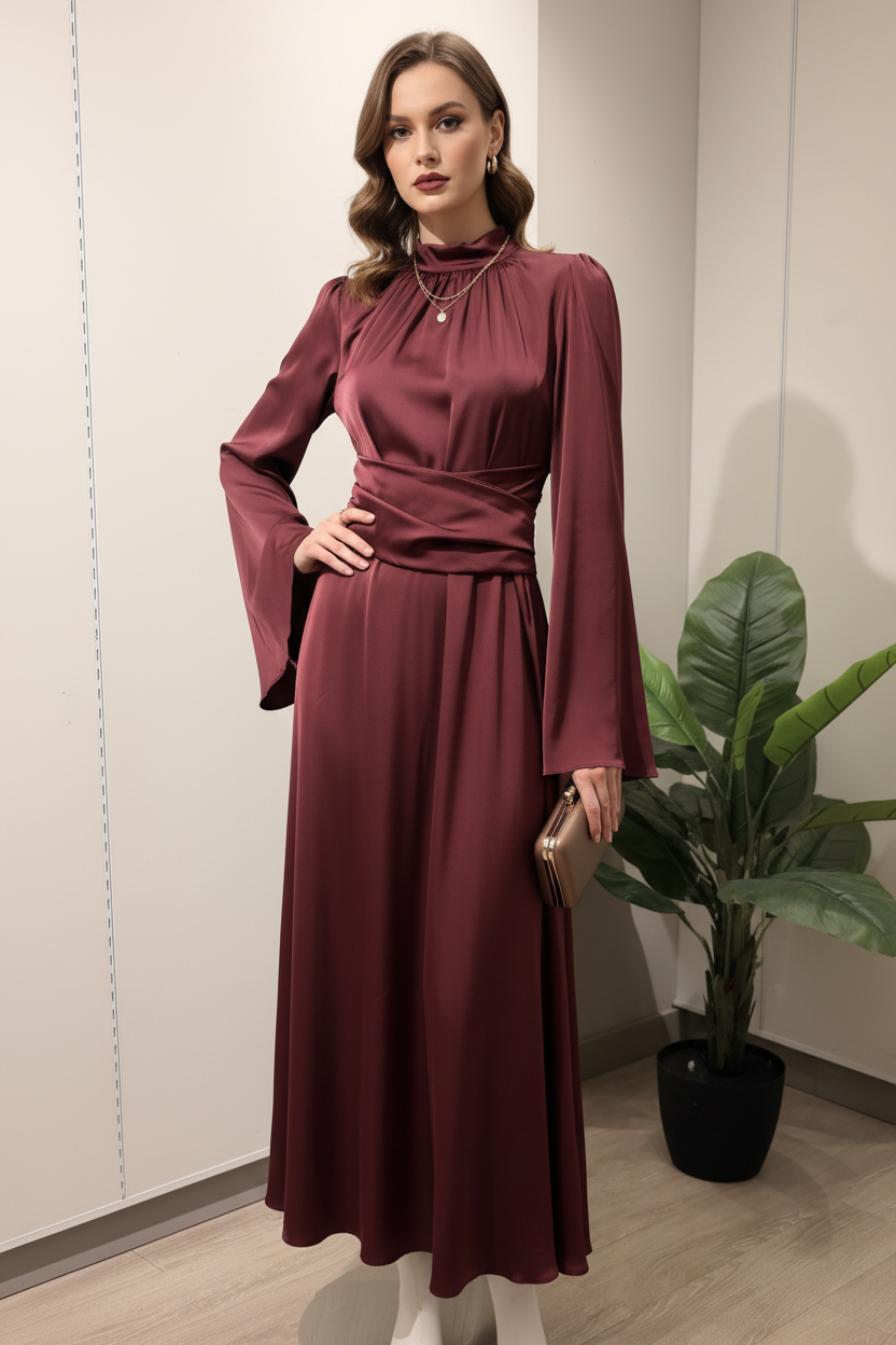 Chic model wearing burgundy satin silk dress with wide wrap belt