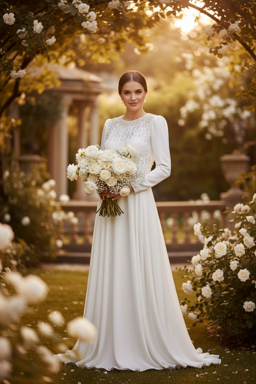 White Bridal Dress with Flowers Editorial